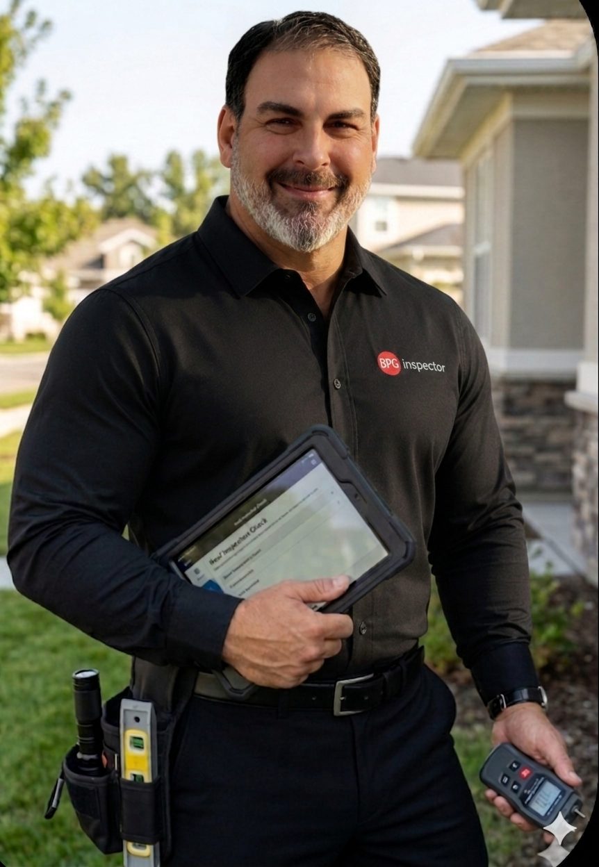 Professional home inspector Romeo Montalvo in Houston, TX, holding inspection tools and tablet in front of a suburban home