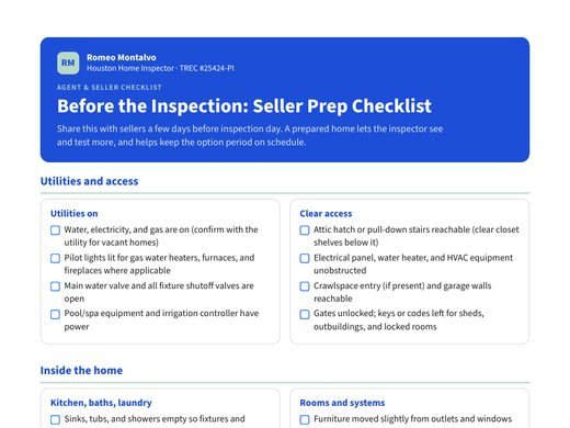 Preview of the Before the Inspection seller prep checklist PDF for Houston-area listings