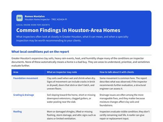 Preview of the Common Findings in Houston-Area Homes PDF for real estate agents